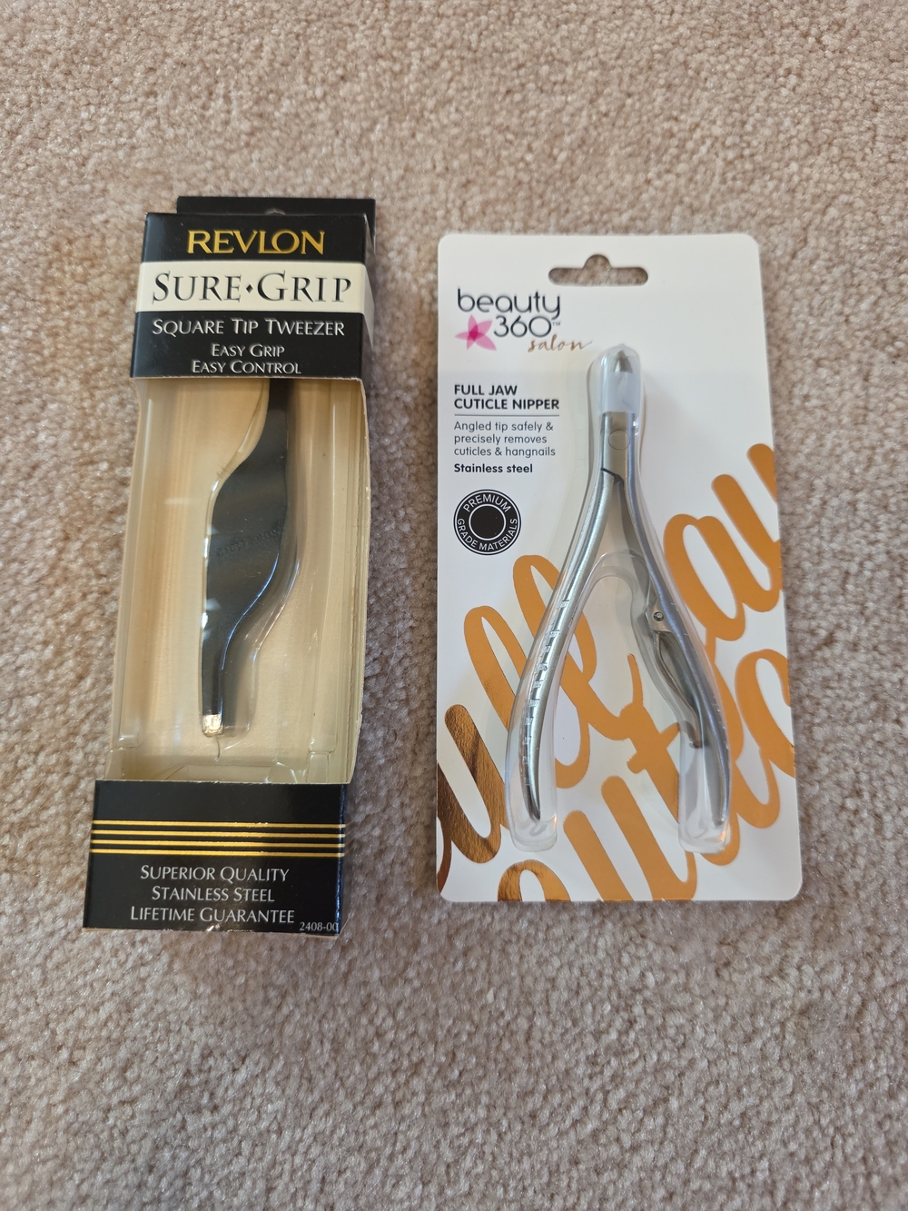 Revlon Sure Grip Square Tip Tweezer & Beauty 360 Cuticle Nipper--Sealed/NIB